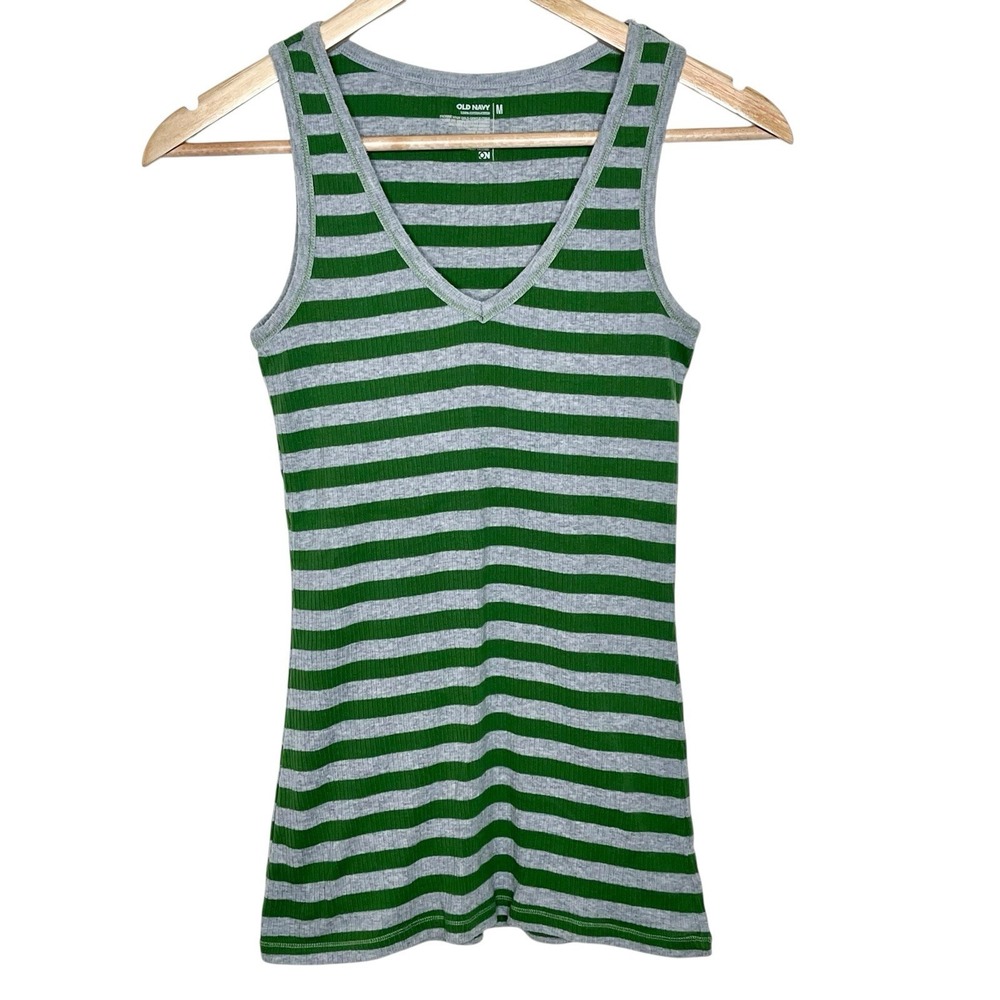 Old Navy Y2K Ribbed Tank Top Green Striped Womens M Fitted Cotton Sporty V-Neck